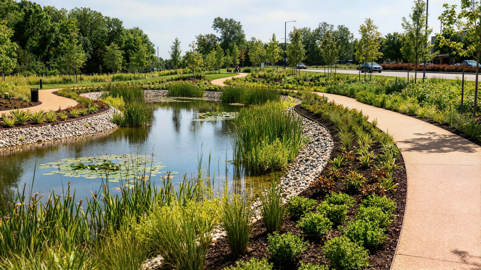 Well-maintained landscaped grounds with garden beds and pathways