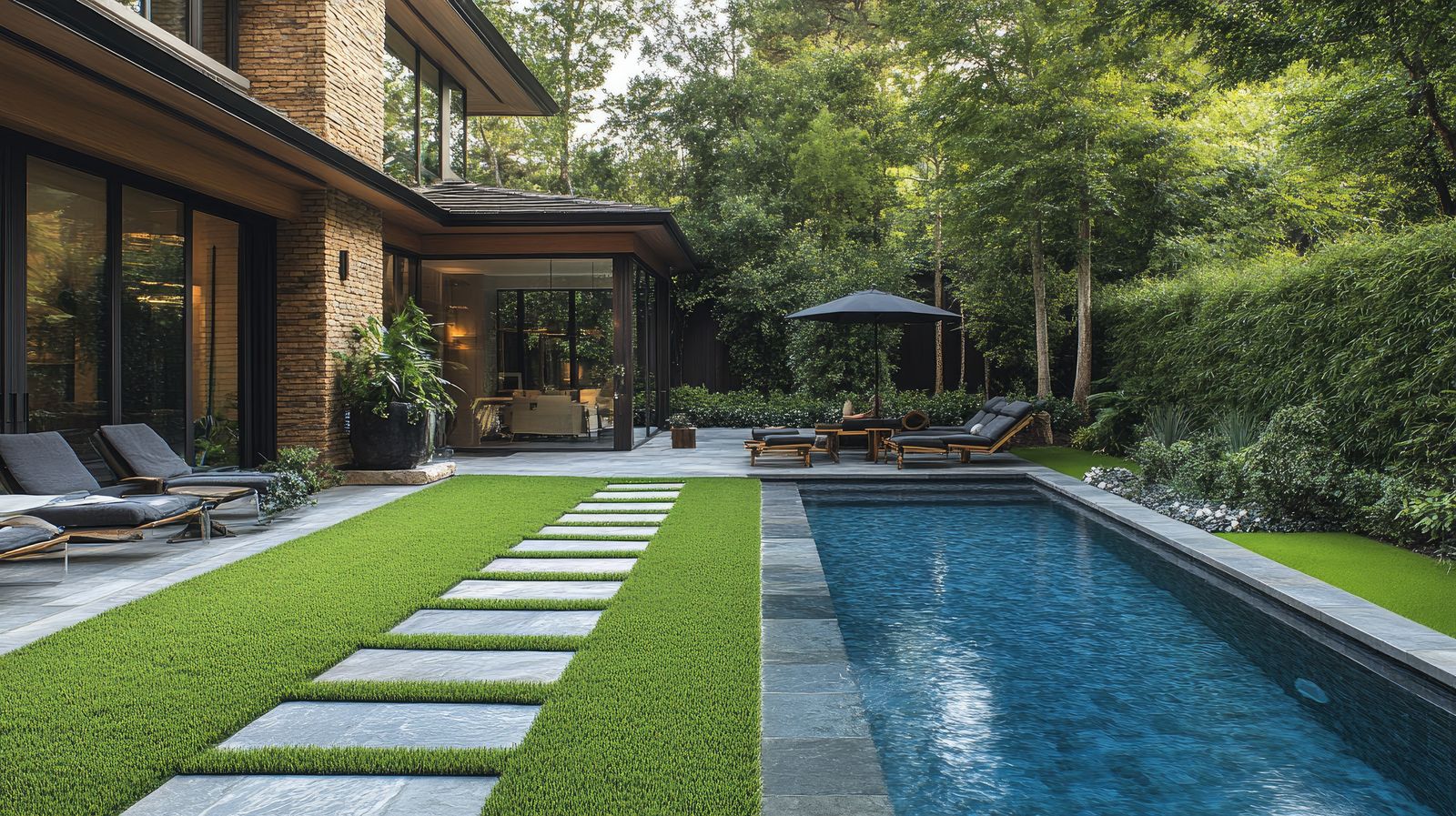 Pool surrounds with stone paving, turf and screen planting